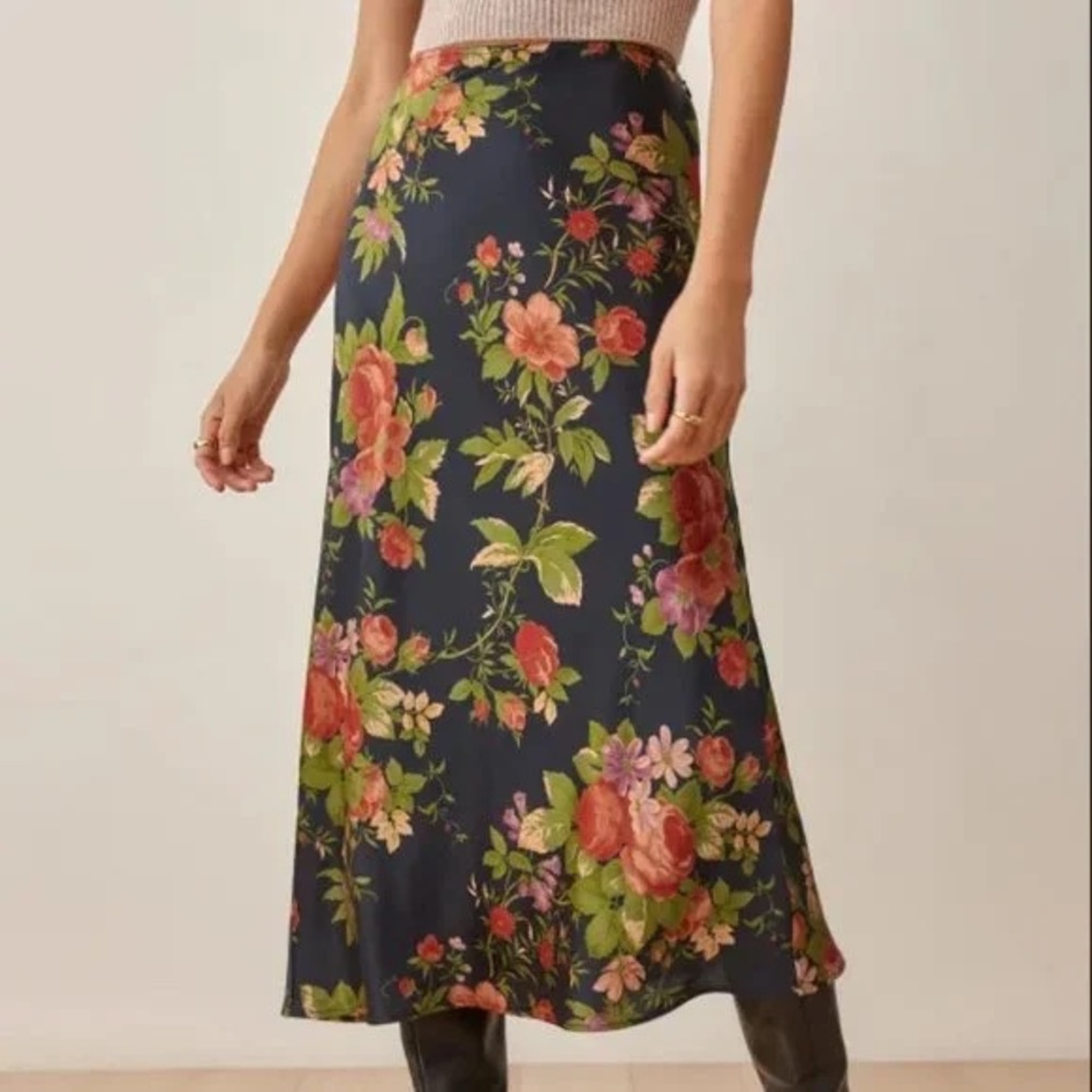 Reformation Pratt Cottage Garden Navy Floral Silk Midi Skirt